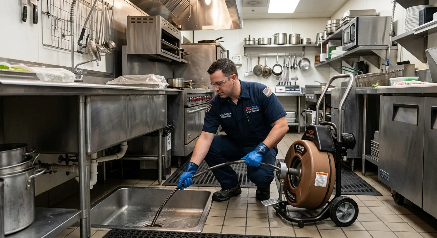 Commercial drain cleaning service in a restaurant kitchen in Manville