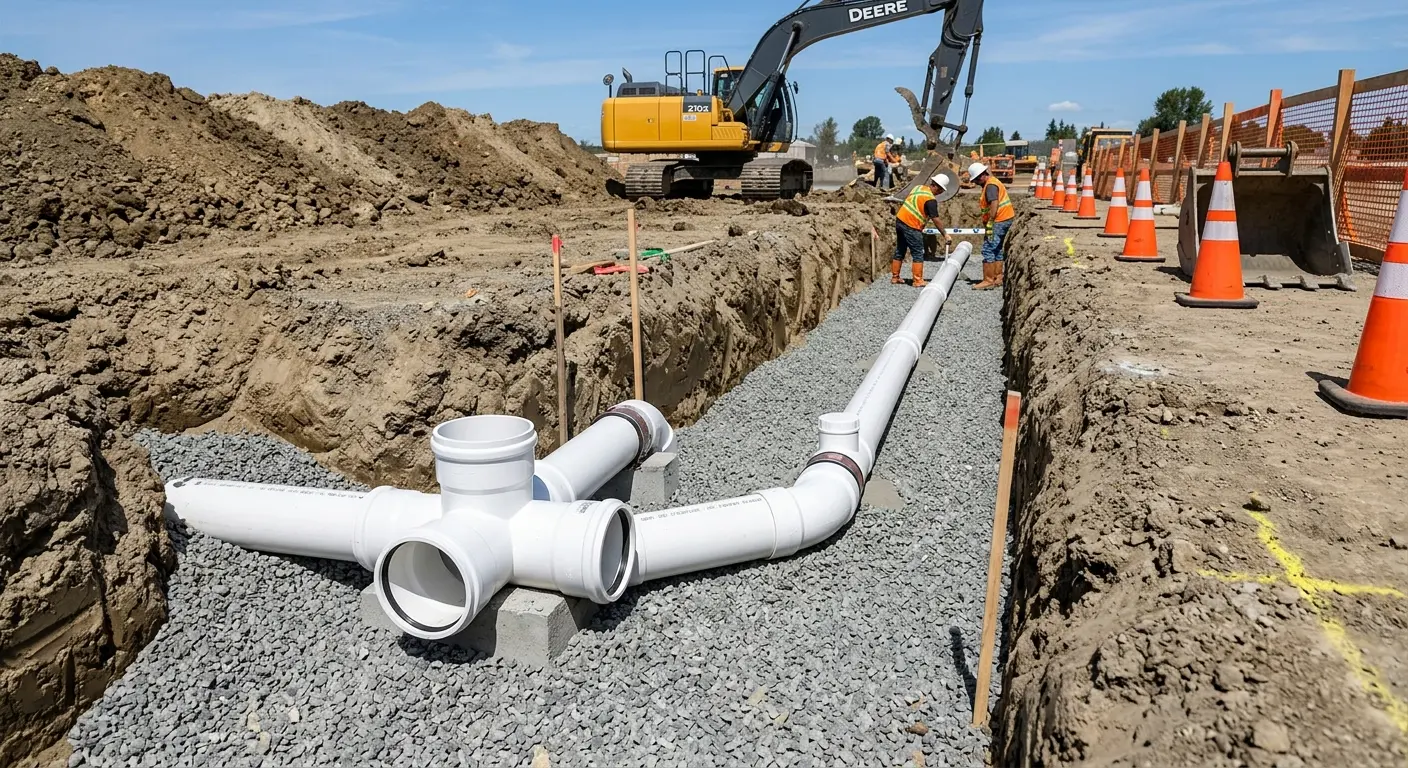 New PVC sewer pipe installation in open trench for Sewer Backup in Manville