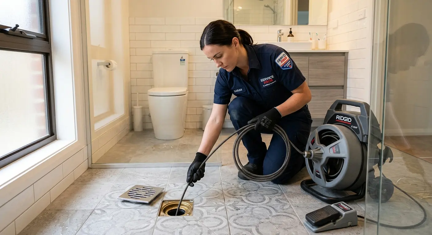 Technician clearing a bathroom floor drain for Drain Repair in Manville